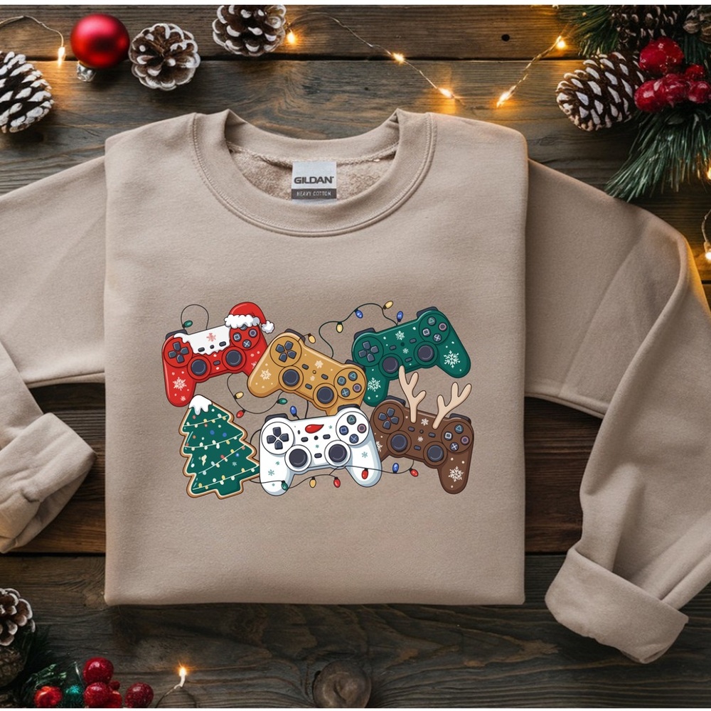 Gildan Tan Sweatshirt with Festive Controller Design